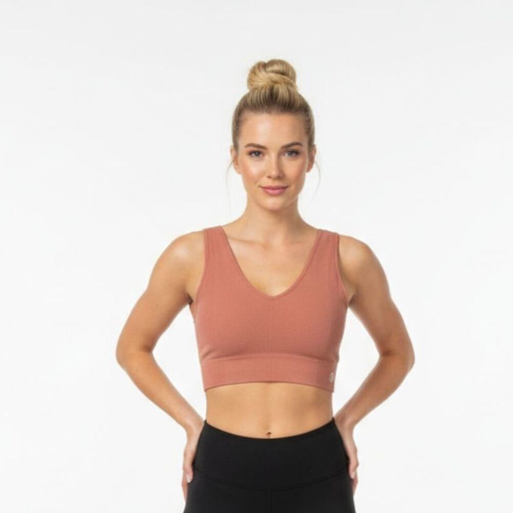 Savvi Tan Ribbed Cropped Athletic Sport Bra Top NEW S